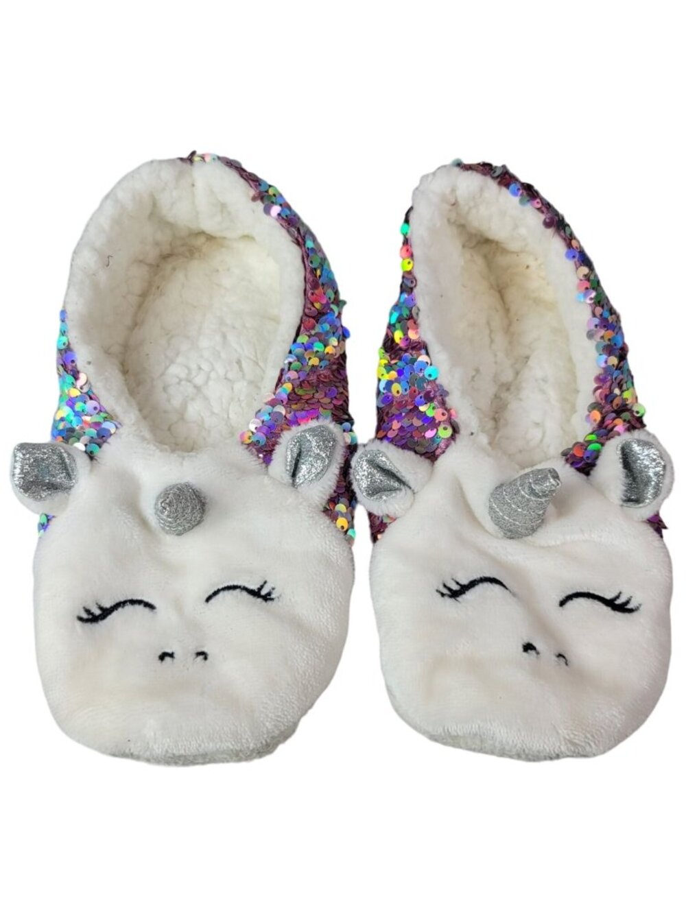 Target Unicorn Sequin Grippers Slippers White Faux Sherpa Silver Booties READ